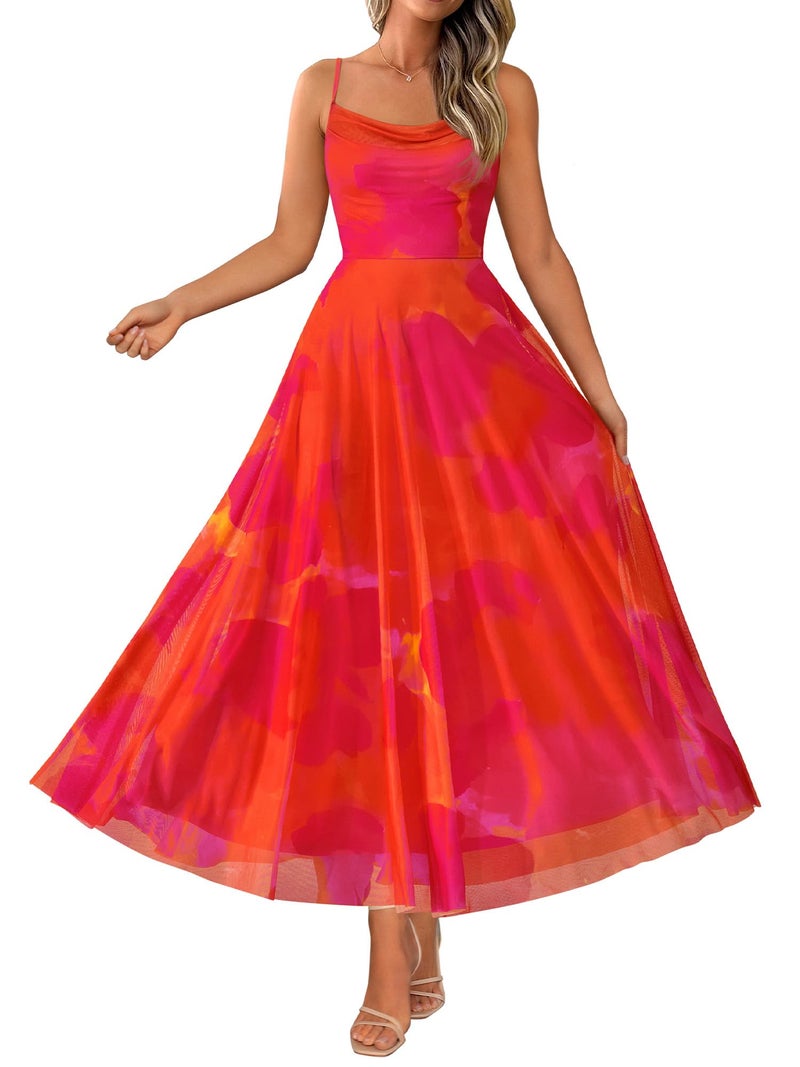 BTFBM Women Summer Floral Maxi Dresses Elegant Spaghetti Strap Dress Printed Party Dress Beach Long Dresses(Orange Red Big Floral,XX-Large) - Image 1