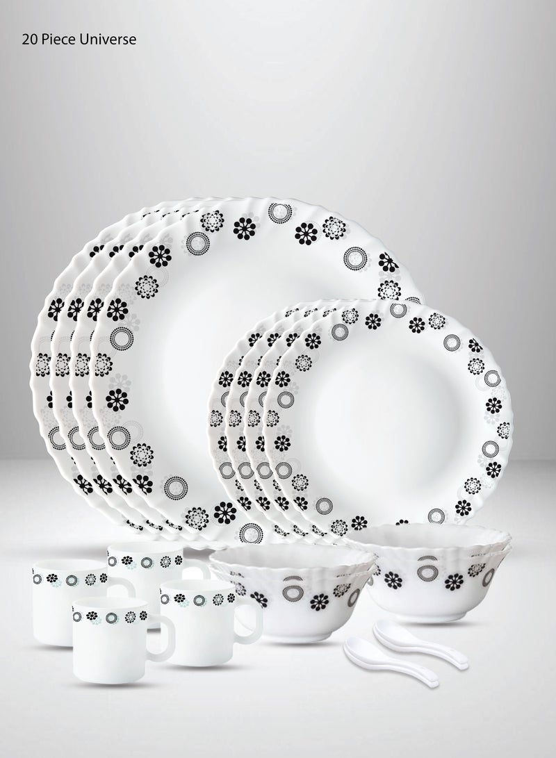 British Chef 20 Pieces Opalware Dinner Set | Microwave & Dishwasher Safe | Universe Dinnerware set with 4-Piece Dinner Plate, 4-Piece Side Plate, 4-Piece Veg Bowl, 4-Piece Mug, 4-Piece Spoons-White - Image 1