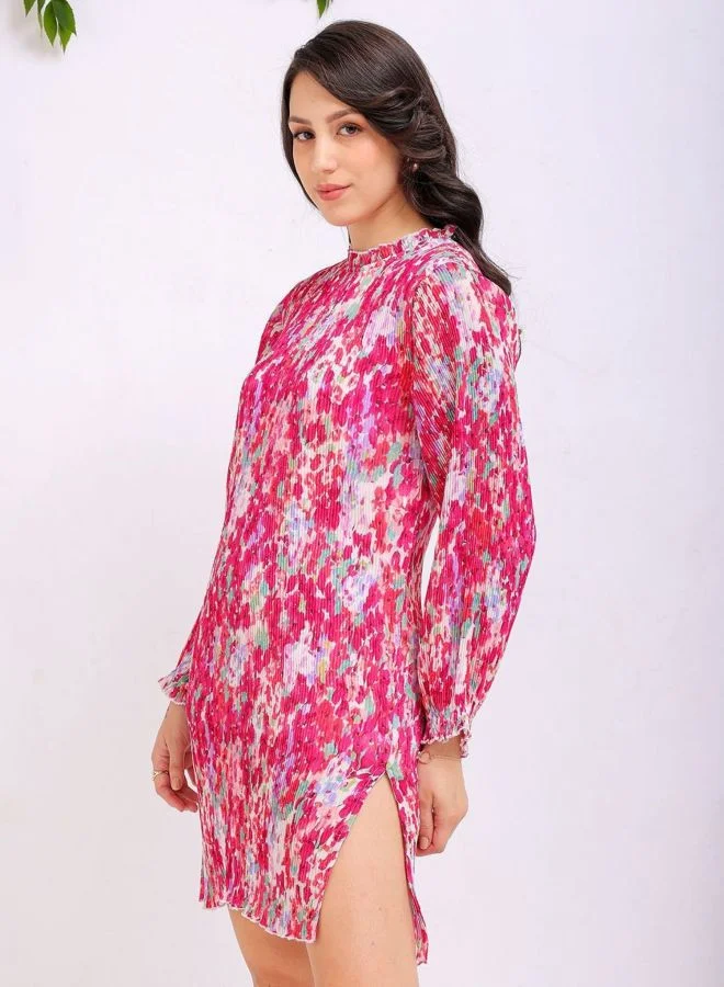 Freehand  Women Straight Fit Floral Printed Round Neck Long Sleeve Pleated Dress for Women | Best Price UAE