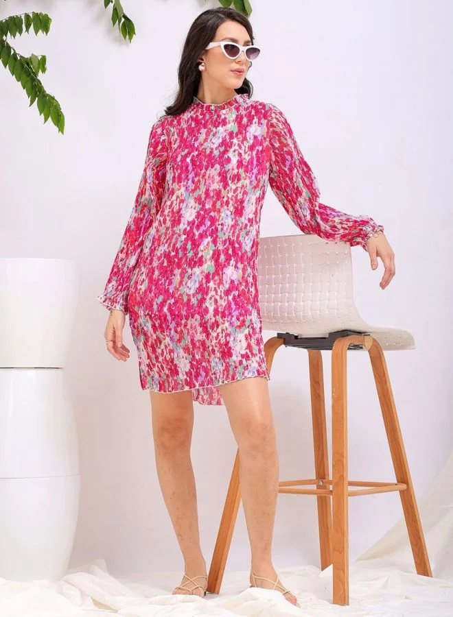 Freehand  Women Straight Fit Floral Printed Round Neck Long Sleeve Pleated Dress for Women | Best Price UAE