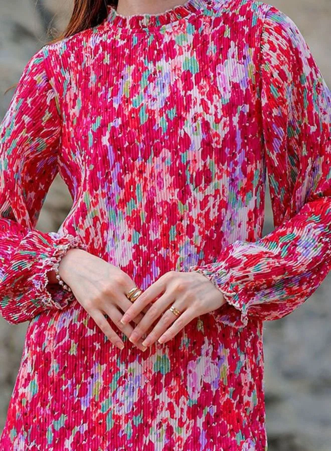 Freehand  Women Straight Fit Floral Printed Round Neck Long Sleeve Pleated Dress for Women | Best Price UAE