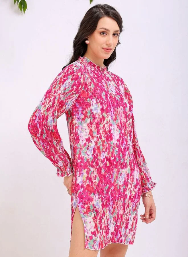 Freehand  Women Straight Fit Floral Printed Round Neck Long Sleeve Pleated Dress for Women | Best Price UAE