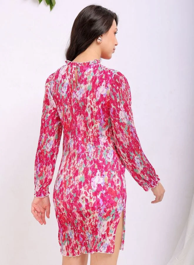 Freehand  Women Straight Fit Floral Printed Round Neck Long Sleeve Pleated Dress for Women | Best Price UAE