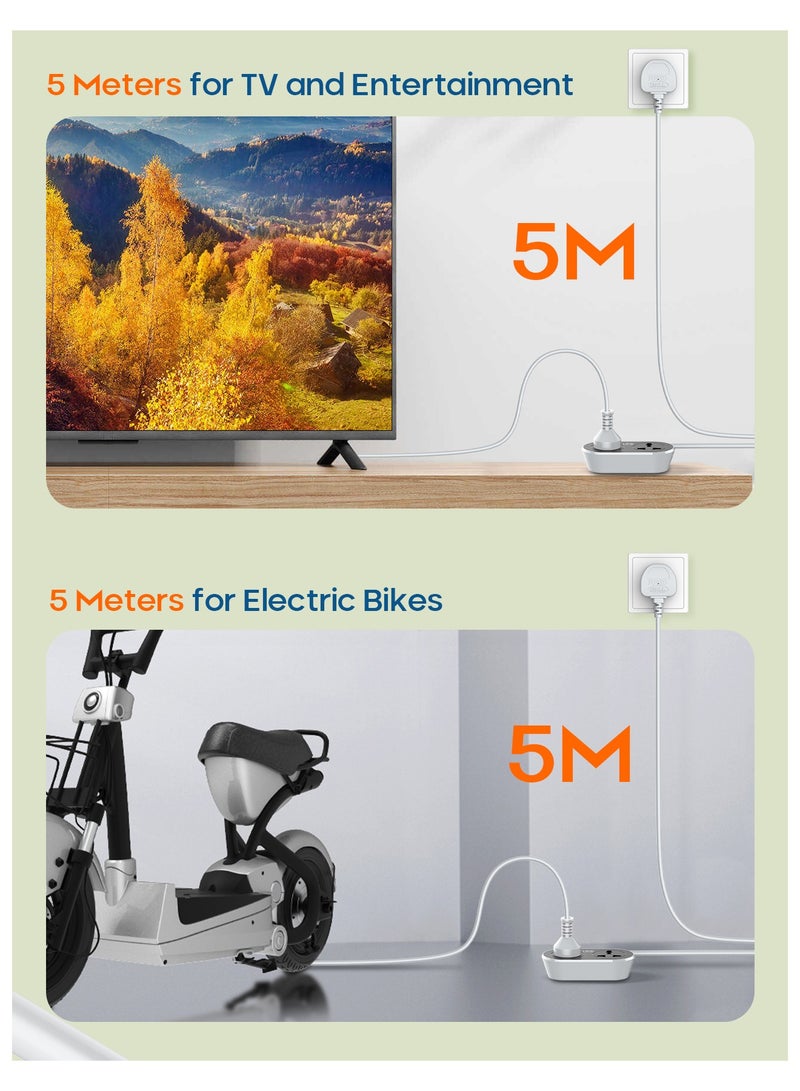 2 Way 5 Meters 2 Universal Outlets Power Extension Cord 5M Dual Socket Cable Extender  2500W 2 Plugs Electric Wire for Desk  Table  Floor Office  Car - Image 5