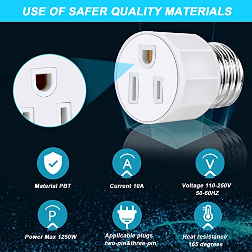 SerBion 3 Prong Light Socket to Plug Adapter - E26 E27 Light Socket to Plug Adapter - Polarized Light Bulb Plug Adapter, 2/3 Prong Outlet Socket Splitter Convert for Garage Porch Camera (2, White) - Image 3