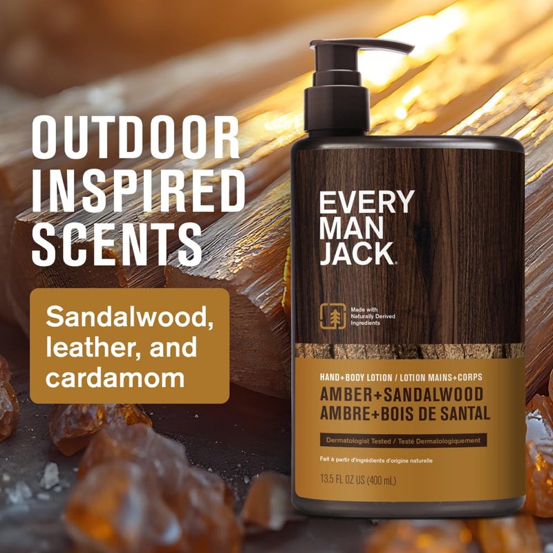 Every Man Jack Mens Amber + Sandalwood Hand & Body Lotion for All Skin Types - Dermatologist Tested & Hypoallergenic - Nourish Skin with Lightweight Fast Absorbing Lotion - 13.5oz 2 Bottles - Image 3