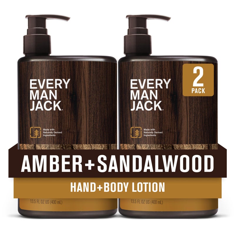 Every Man Jack Mens Amber + Sandalwood Hand & Body Lotion for All Skin Types - Dermatologist Tested & Hypoallergenic - Nourish Skin with Lightweight Fast Absorbing Lotion - 13.5oz 2 Bottles - Image 1
