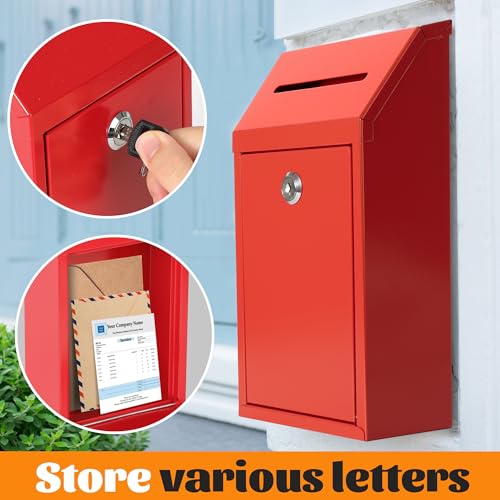 Fubeasi Metal Locking Mailbox Wall Mounted RustMail Case Lockable Mail Letterbox Suggestion Box for Home Office Outdoor Door, 10.24 x 5.71 x 2.75 Inch (Red) - Image 3