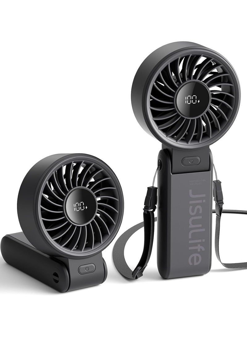 JISULIFE Handheld Fan Life7,2024 Powerful Portable Fan with LED Display,3600mAh,150°Folded,5 Speeds,Lanyard[Upto13Hrs Max Cooling]3-IN-1 Hand/Desk/Neck Fan,Travel Essentials Gifts for Women,Men(Black) - Image 1