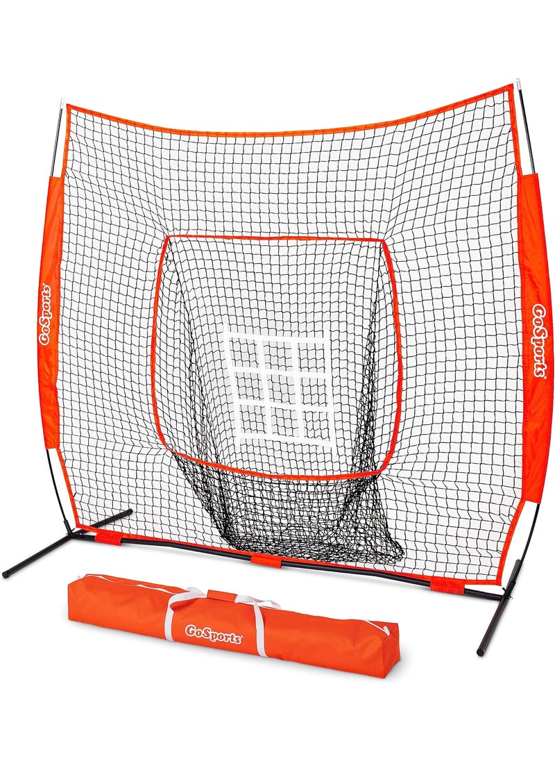 GoSports GoSports 7 ft x 7 ft Baseball  Softball Nets  Red Black or PRO Practice Hitting  Pitching Net with Bow Type Frame Carry Bag and Strike Zone Great for All Skill Levels  - Image 1