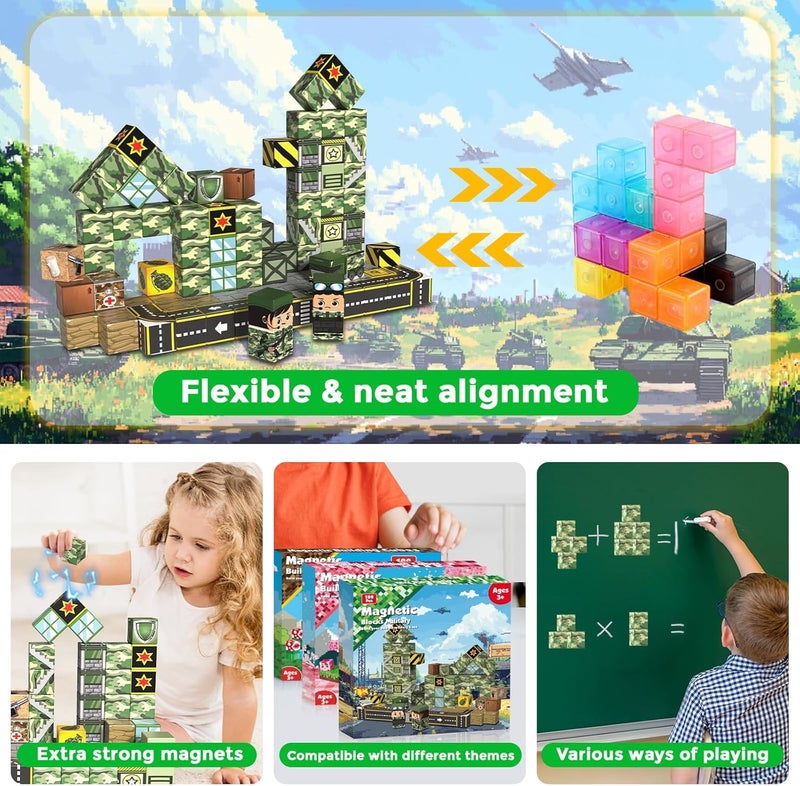 Annexfun Magnetic Blocks 100 PCS - Army Toys Magnetic Cubes Building Blocks for Girls Boys - Montessori STEM Toys Military Vehicle Army Action Figures Magnet Building Blocks Birthday Gifts for Kids Ages 3-12 - Image 5