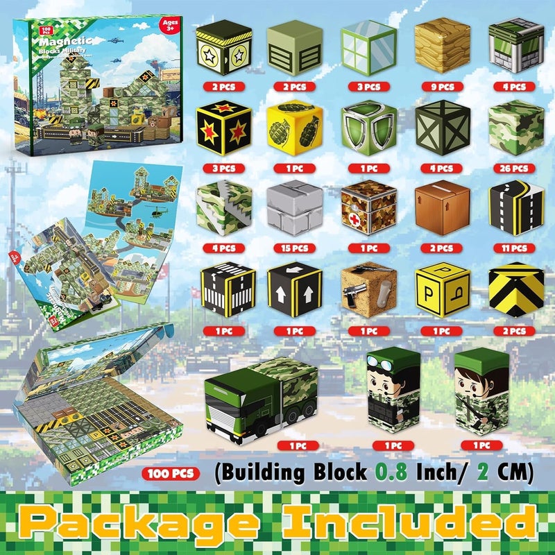 Annexfun Magnetic Blocks 100 PCS - Army Toys Magnetic Cubes Building Blocks for Girls Boys - Montessori STEM Toys Military Vehicle Army Action Figures Magnet Building Blocks Birthday Gifts for Kids Ages 3-12 - Image 2
