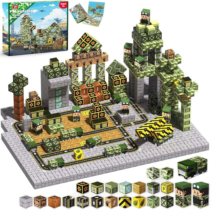 Annexfun Magnetic Blocks 100 PCS - Army Toys Magnetic Cubes Building Blocks for Girls Boys - Montessori STEM Toys Military Vehicle Army Action Figures Magnet Building Blocks Birthday Gifts for Kids Ages 3-12 - Image 1