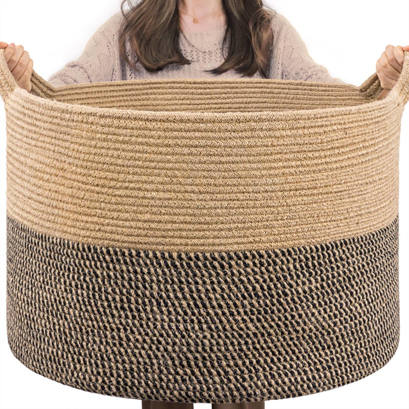 INDRESSME Extra Large Woven Baskets for Storage, 21.7 x 13.8 Blanket Basket Living Room Wicker Storage Basket for Organizing Woven Laundry Baskets for Toy Pillow Shoe, Entryway, Black Jute - Image 1