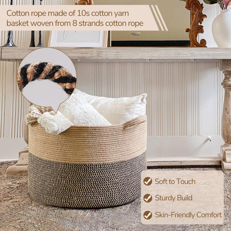 INDRESSME Extra Large Woven Baskets for Storage, 21.7 x 13.8 Blanket Basket Living Room Wicker Storage Basket for Organizing Woven Laundry Baskets for Toy Pillow Shoe, Entryway, Black Jute - Image 3