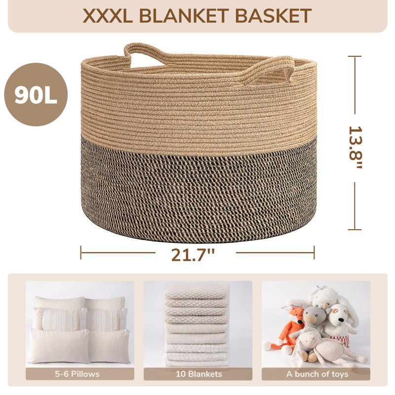 INDRESSME Extra Large Woven Baskets for Storage, 21.7 x 13.8 Blanket Basket Living Room Wicker Storage Basket for Organizing Woven Laundry Baskets for Toy Pillow Shoe, Entryway, Black Jute - Image 4