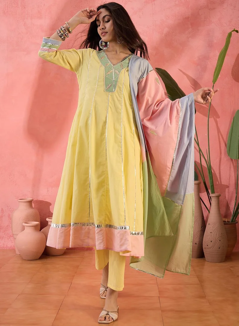 آي شين Yellow 100% Cotton Embroidered Relaxed Anarkali Tunic & Full Length Palazzo Kurta Set For Women