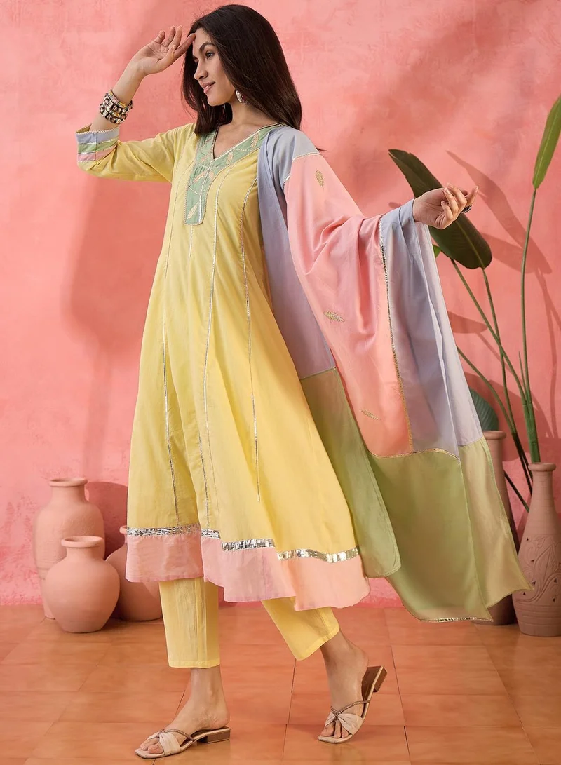 آي شين Yellow 100% Cotton Embroidered Relaxed Anarkali Tunic & Full Length Palazzo Kurta Set For Women