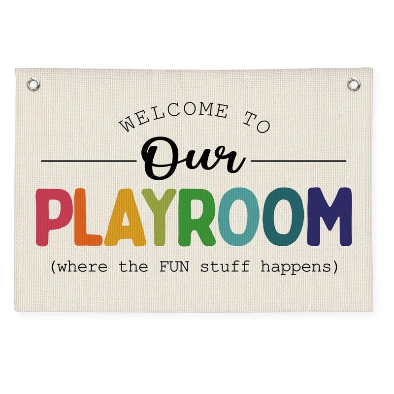 PLKMN Playroom Wall Decor, Kids Room Decor Canvas Banner Wall Hanging Flag, Welcome To Our Playroom Banner, Classroom Decorations - Image 1