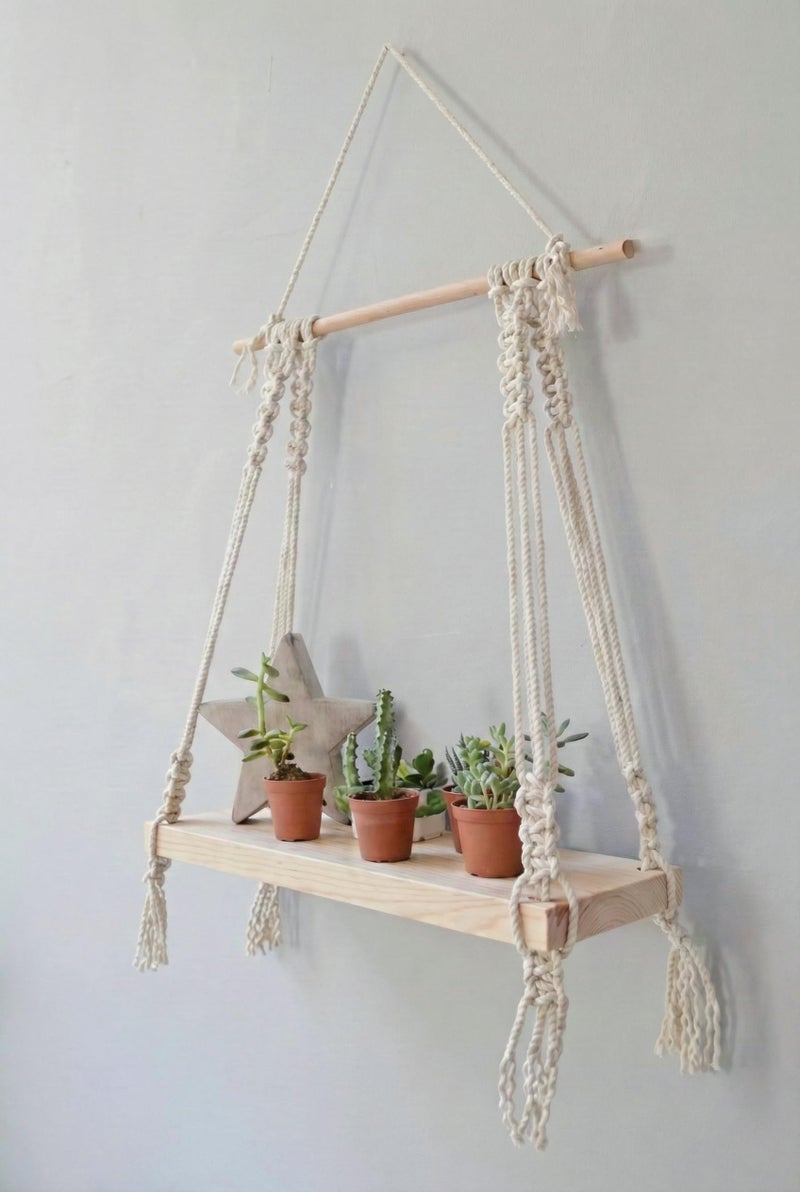 Decazone ® Macramé Wall Hanging Shelf Pine Wood Floating Shelve with Wooden Dowel Modern Chic Woven Décor for Dorm Living Room Nursery Beige 55 x 43cm
