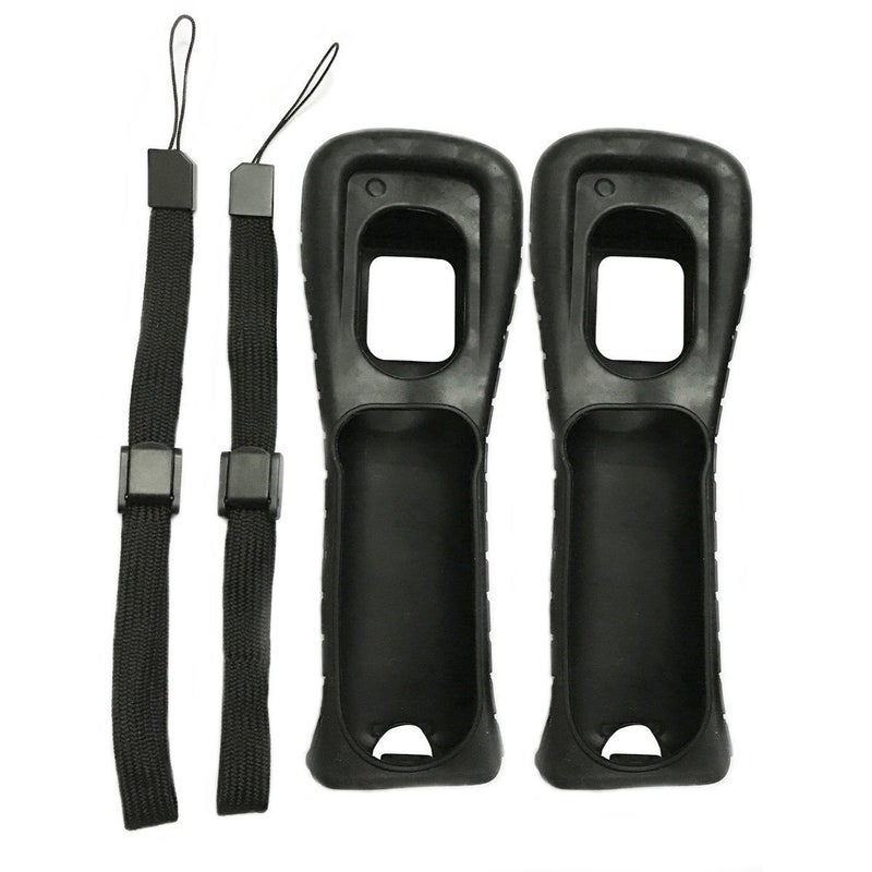 Ambertown 2 x Black Silicone Skin Case Cover with Wrist Strap for Wii Remote