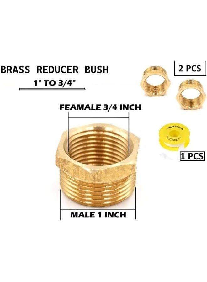 Biella Pack Of 2 Brass Reducer Bsp Male Thread To Female Thread Reducing Bush Hex Reducer Bushing Hose Pipe Fitting Connector Adapter And Teflon Tape (1 Inch To 3/4 Inch) - Image 2