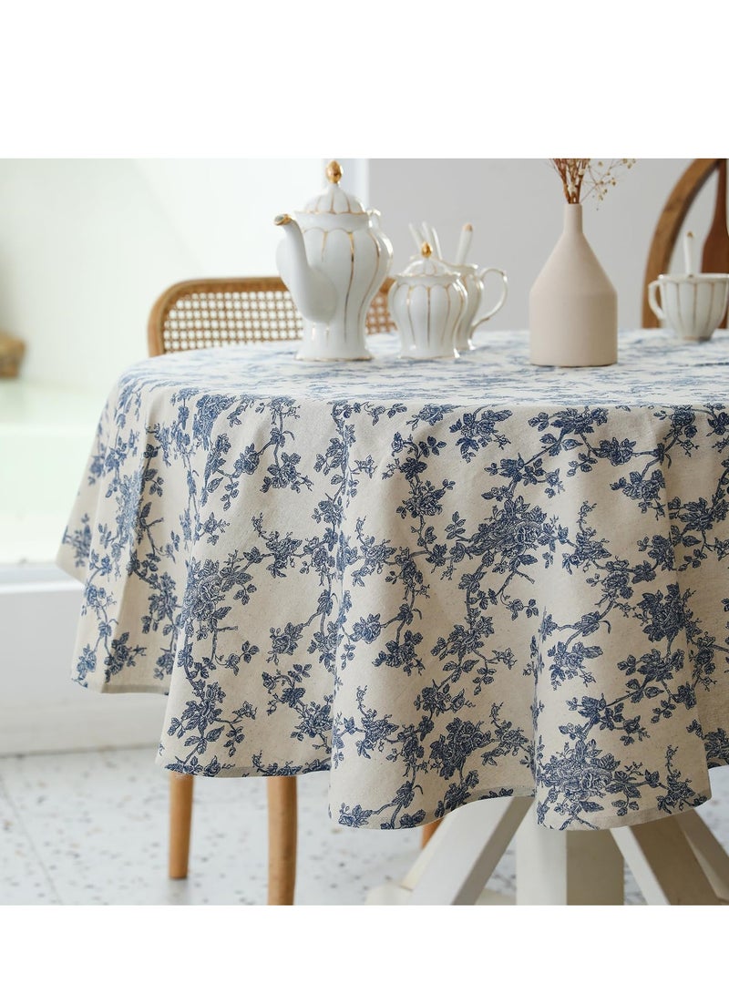 GUDOO مفرش طاولة دائري بطابع ريفي – بقطر 60 إنش – مفرش طاولة بلون بيج من الكتان – قابل للغسل، مقاوم للغبار والتجاعيد، مناسب للمطاعم، والنزهات، وتناول الطعام في الداخل والخارج، بتصميم زهري (أزرق داكن). - Image 1