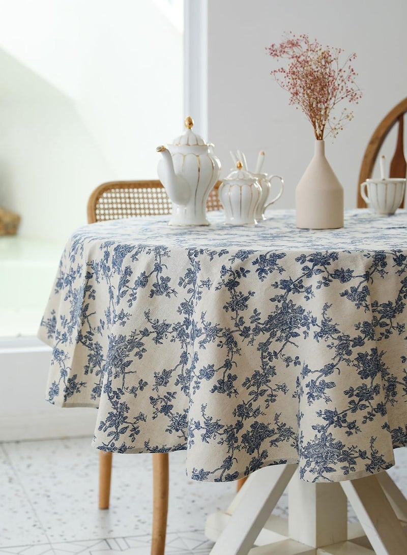 GUDOO مفرش طاولة دائري بطابع ريفي – بقطر 60 إنش – مفرش طاولة بلون بيج من الكتان – قابل للغسل، مقاوم للغبار والتجاعيد، مناسب للمطاعم، والنزهات، وتناول الطعام في الداخل والخارج، بتصميم زهري (أزرق داكن). - Image 2