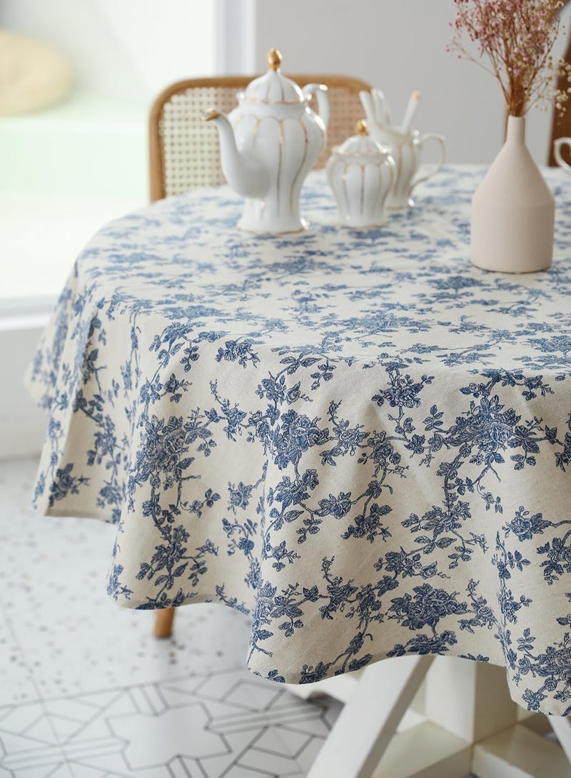 GUDOO مفرش طاولة دائري بطابع ريفي – بقطر 60 إنش – مفرش طاولة بلون بيج من الكتان – قابل للغسل، مقاوم للغبار والتجاعيد، مناسب للمطاعم، والنزهات، وتناول الطعام في الداخل والخارج، بتصميم زهري (أزرق داكن). - Image 3