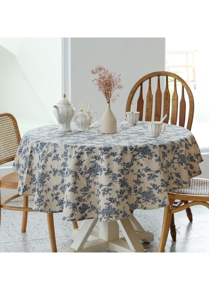 GUDOO مفرش طاولة دائري بطابع ريفي – بقطر 60 إنش – مفرش طاولة بلون بيج من الكتان – قابل للغسل، مقاوم للغبار والتجاعيد، مناسب للمطاعم، والنزهات، وتناول الطعام في الداخل والخارج، بتصميم زهري (أزرق داكن). - Image 4