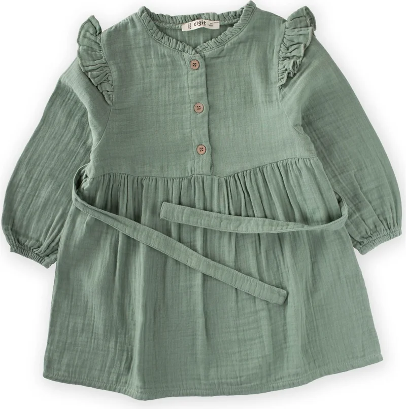Cigit Ruffle Detailed Muslin Dress Age 2-8 Green