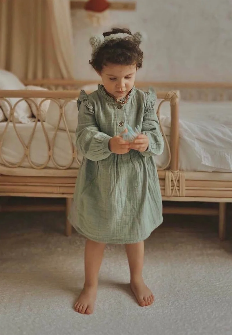 Cigit Ruffle Detailed Muslin Dress Age 2-8 Green
