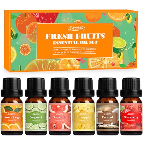 SALUBRITO Fresh Fruit Fragrance Oils Set, Essential Oils for Diffuser, Candle, Soap Making - Strawberry, Sweet Orange, Pineapple, Coconut, Bergamot, Grapefruit, 6X10ml - Image 1