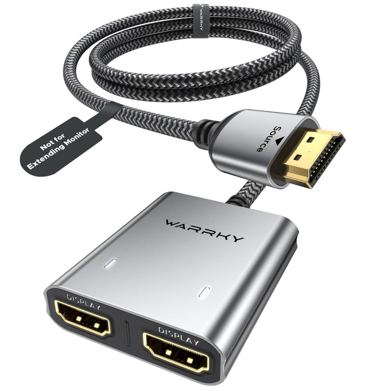 Warrky HDMI Splitter 4K, Display Mirror Same Screen Only (Not Extend Screen), HDMI Splitter 1 in 2 Out [USB-C Powered, Metal Shell, 3.3 Ft Braided Cable], 1x2 for Dual Monitors, Grey-4K UHD - Image 1