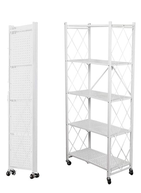 5-Tier Collapsible Storage Rack With Wheels Large Capacity Shelving Unit Freestanding Metal Wire Shelves No Assembly Organizer Required Durable Scratch Resistant White