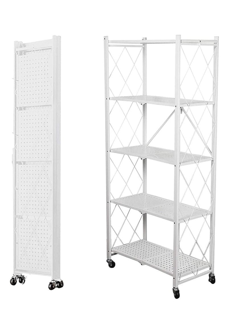 EqiEch - 5-Tier Collapsible Storage Rack With Wheels Large Capacity Shelving Unit Freestanding Metal Wire Shelves No Assembly Organizer Required Durable Scratch Resistant White - Image 1