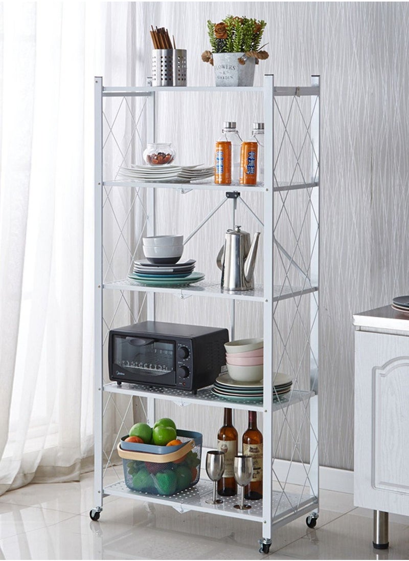 EqiEch - 5-Tier Collapsible Storage Rack With Wheels Large Capacity Shelving Unit Freestanding Metal Wire Shelves No Assembly Organizer Required Durable Scratch Resistant White - Image 1