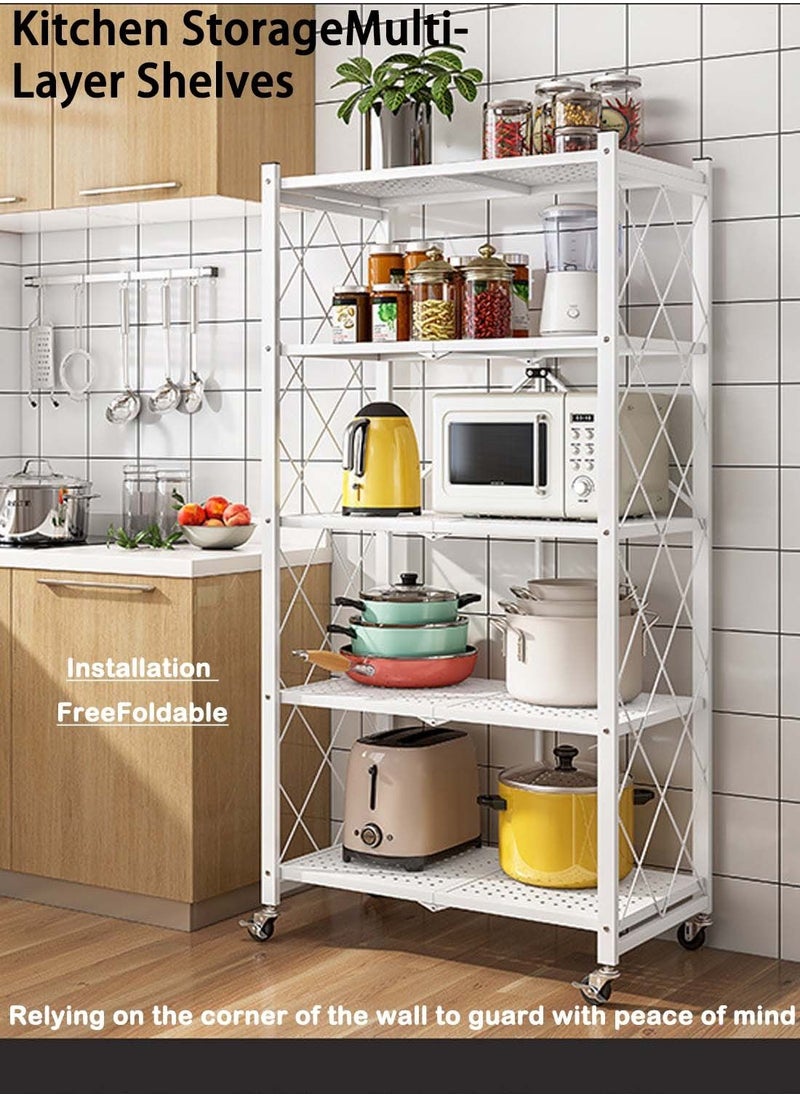 EqiEch - 5-Tier Collapsible Storage Rack With Wheels Large Capacity Shelving Unit Freestanding Metal Wire Shelves No Assembly Organizer Required Durable Scratch Resistant White - Image 1