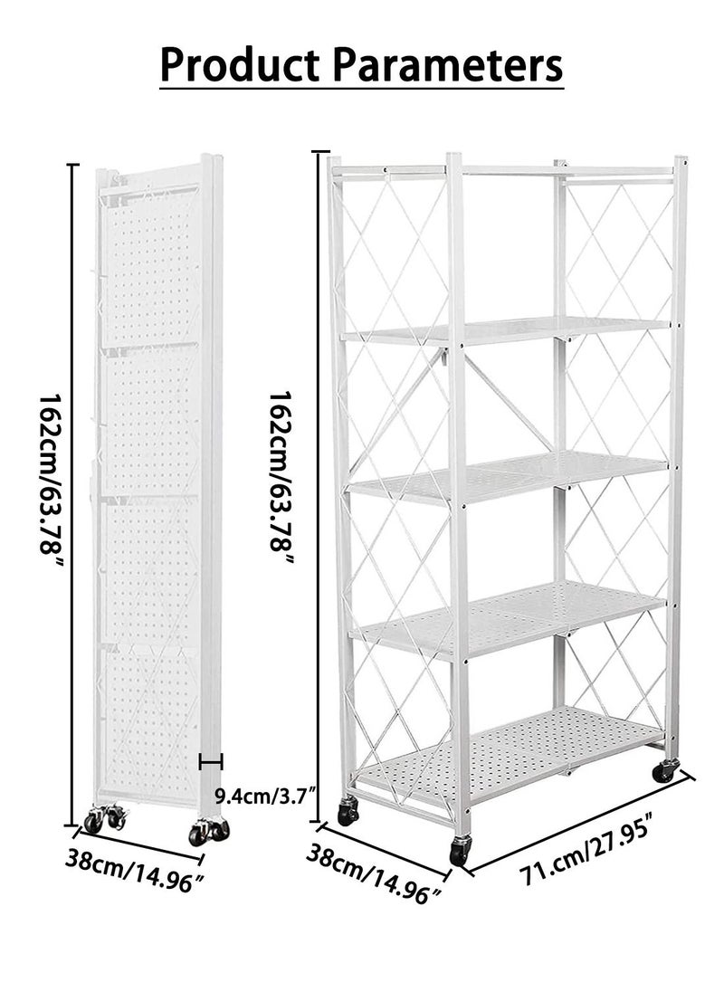 EqiEch - 5-Tier Collapsible Storage Rack With Wheels Large Capacity Shelving Unit Freestanding Metal Wire Shelves No Assembly Organizer Required Durable Scratch Resistant White - Image 1