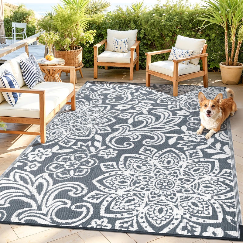 Findosom Waterproof Outdoor Rug 6' x 9' - Reversible Mandala Outdoor Plastic Straw Rug, Durable Foldable Patio Rug for RV, Deck, Balcony, Backyard, Picnic, Porch, Camping, Beach, Gray - Image 5