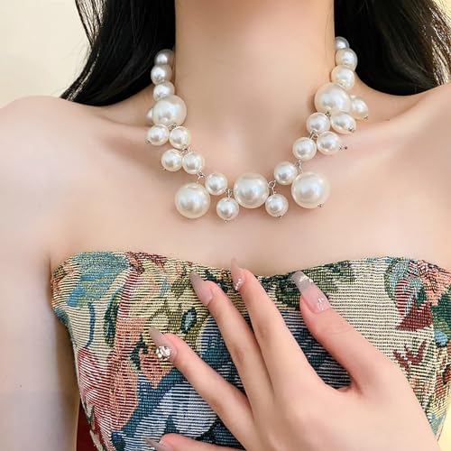 Peutlhomy Pearl Necklaces for Women Big Pearl Choker Necklaces Chunky Statement Necklace Adjustable Wedding Party - Image 5