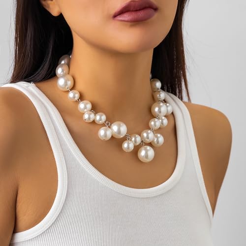 Peutlhomy Pearl Necklaces for Women Big Pearl Choker Necklaces Chunky Statement Necklace Adjustable Wedding Party - Image 3