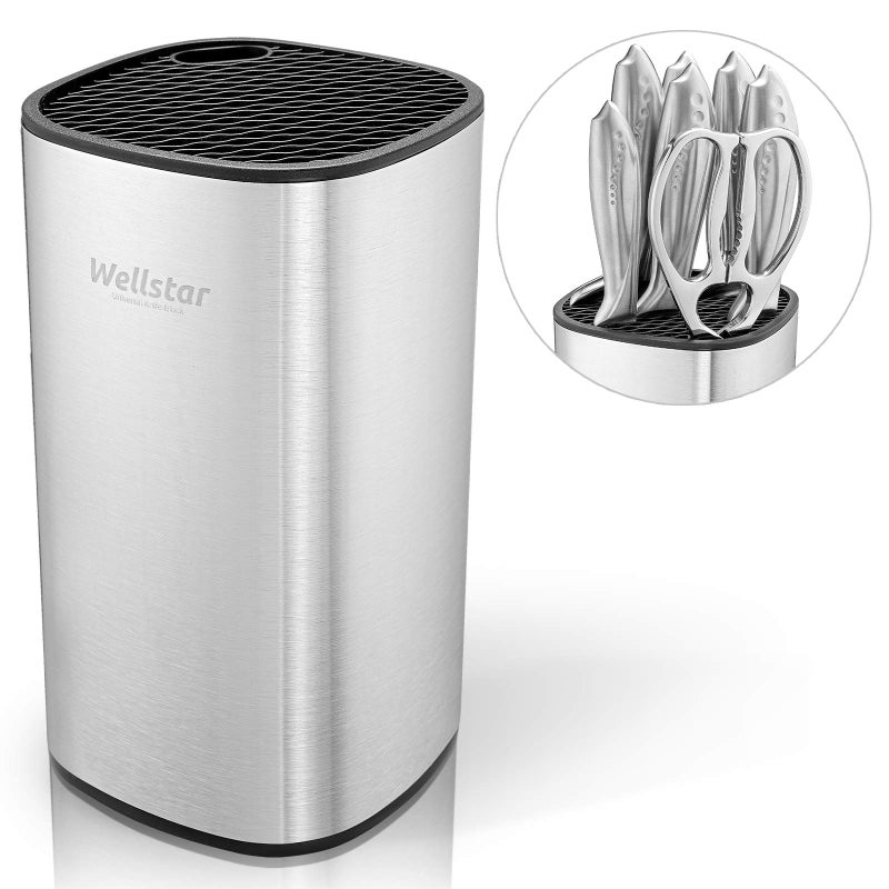 WELLSTAR Universal Knife Block Holder Stainless Steel Knife Stand Without Knives Safe Space Saver Large Volume Stable Knife Storage with Scissors Slot Detachable for Easy Cleaning  Square