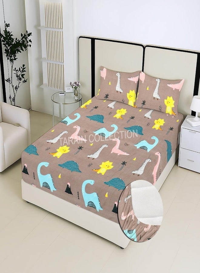 TARAIN COLLECTION Cotton Perfect Fitted Bedsheets with 2 Pillow Covers 18x28 Inches | King Size| Double Bed with All Around Elastic 180 TC |Size-78" x 72" +10" Inches (Brown Cartoon Printed) - Image 1