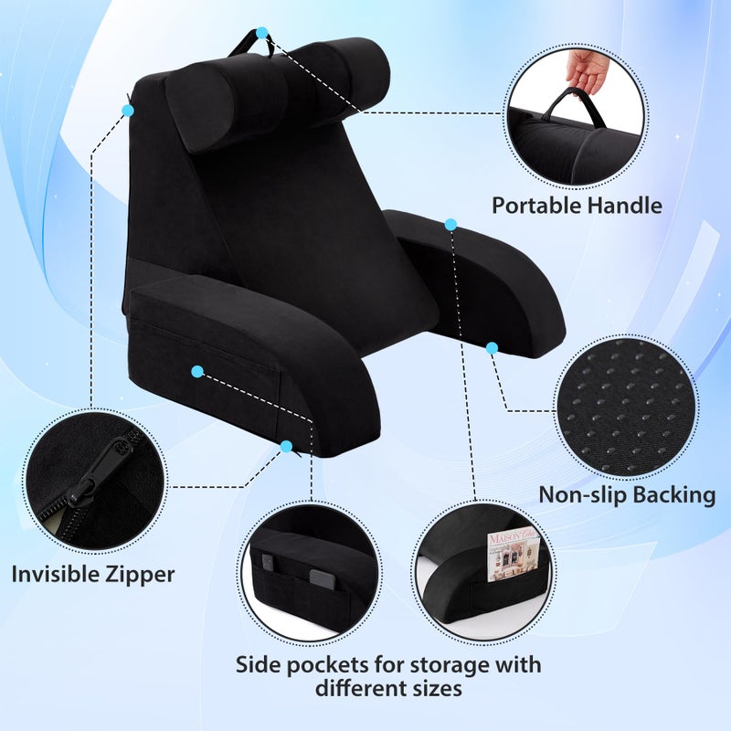 Velorose Reading Pillow for Sitting in Bed Adult, Back Pillow for Bed Sitting up, Backrest Pillow with Arms, Back Support Pillows for Gaming Lounging Watching TV, Large 21" Black - Image 3