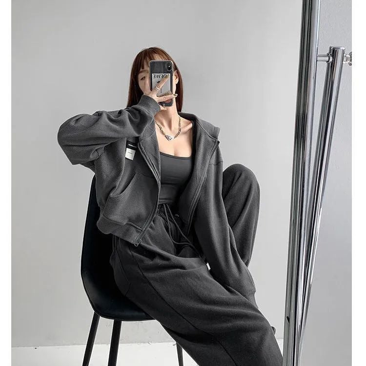 2024 Spring Autumn Waffle Hooded Jacket Pants Set Women Dark gray - Image 1
