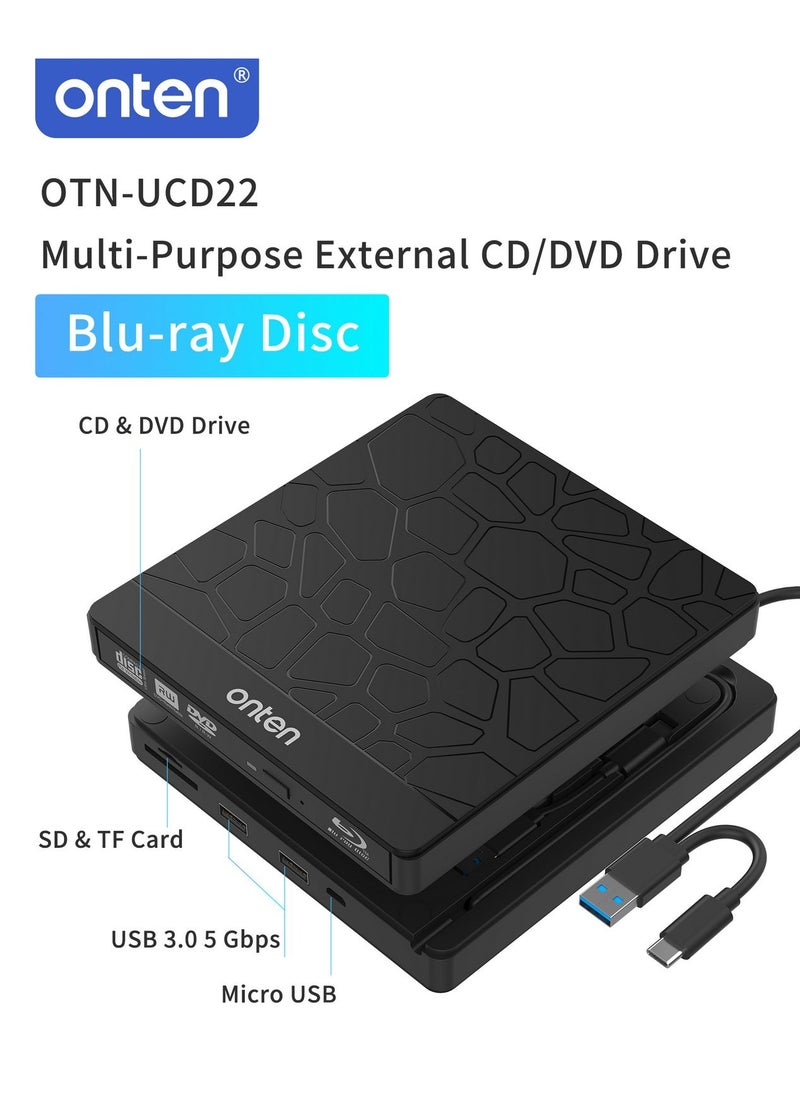 onten Onten OTN-UCD22 USB 3.0  and USB-C ports 6-in-1 external Blu-ray drive  - Image 3