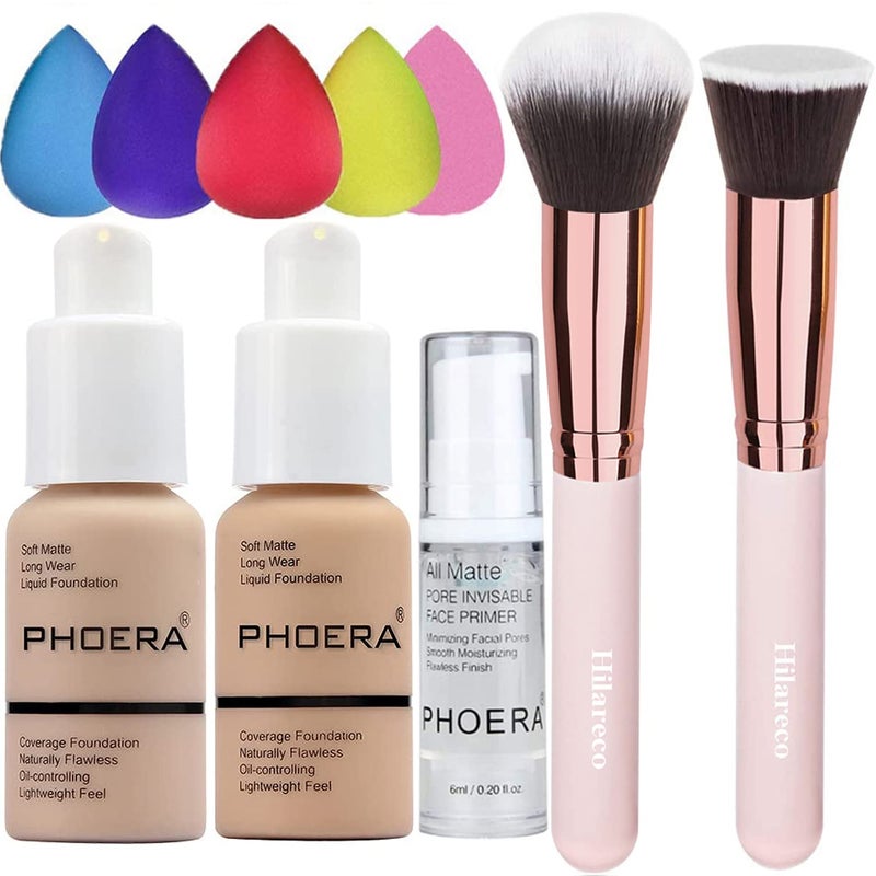 PHOERA Foundation 102 and 104  Face PrimerLiquid Full Coverage Foundation SetFoundation Brush Powder Brush5 Makeup Sponge30ml PHOERA 24HR Matte Oil Control Concealer 102 Nude  104 Buff Beige