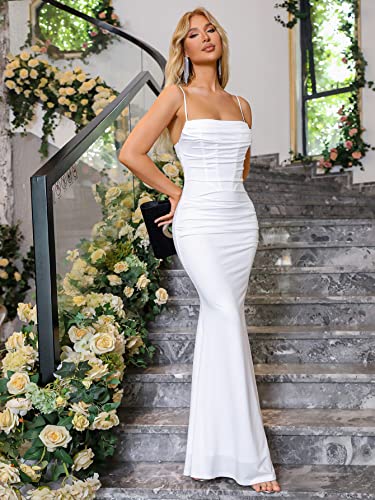 EYNMIN Women's Sleeveless Bodycon Corset Maxi Dress Spaghetti Strap Ruched Elegant Evening Wedding Guest Long Formal Dresses White S - Image 2