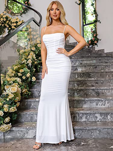 EYNMIN Women's Sleeveless Bodycon Corset Maxi Dress Spaghetti Strap Ruched Elegant Evening Wedding Guest Long Formal Dresses White S - Image 4